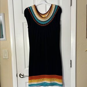 Catherine Malandrino midi black dress multi colored crochet trim western boho L